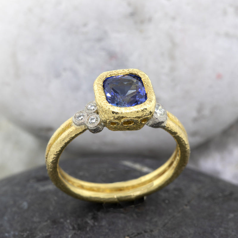 Delicate Double Band Ring with cushion cut blue sapphire