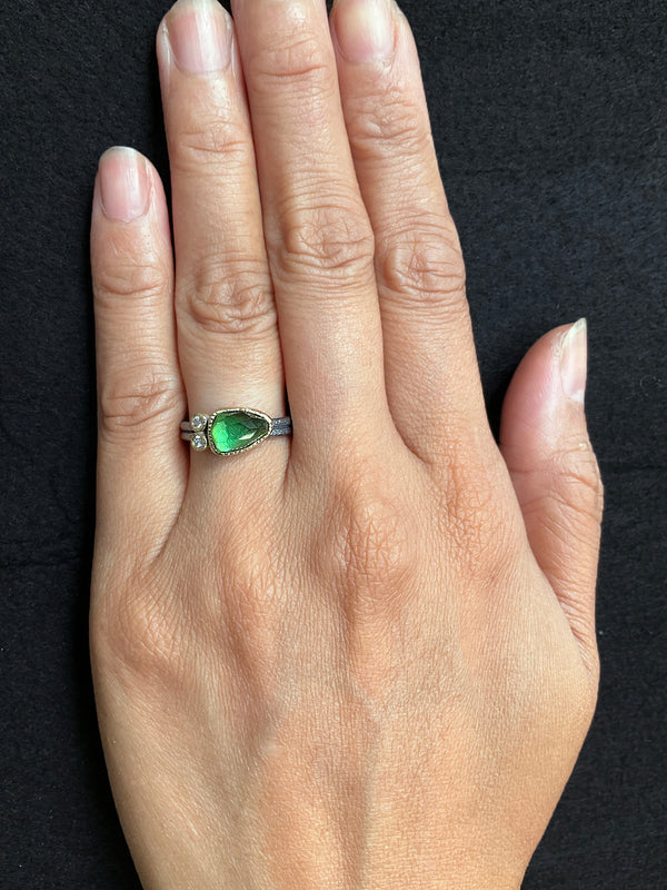 Delicate Double Band Ring with free form green tourmaline