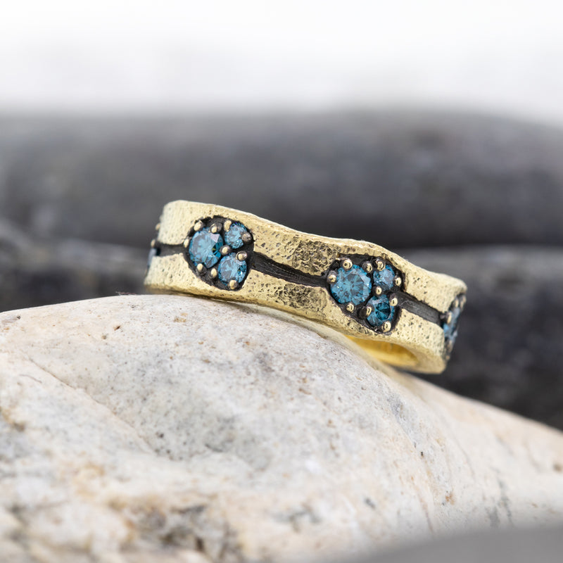 Custom Wavy Edges Dew Pond Ring with blue diamonds