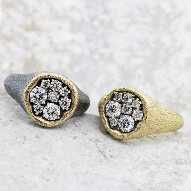 Large Dew Pond Signet Diamond Rings in gold and silver