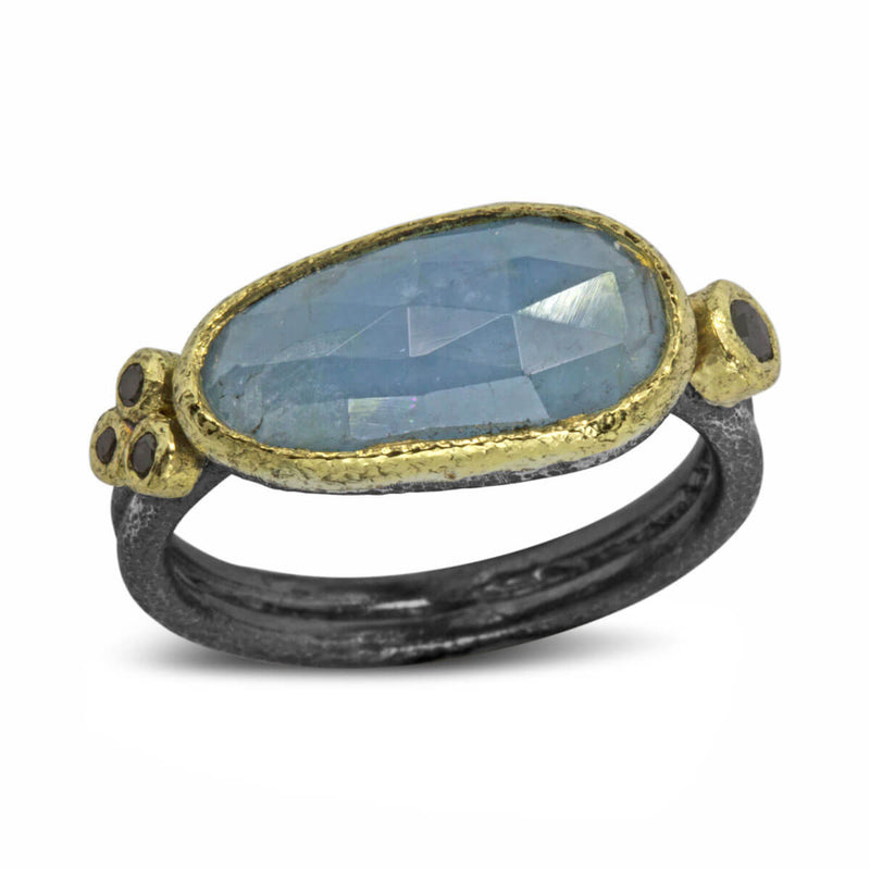 Delicate Double Band Aquamarine Ring with black diamonds