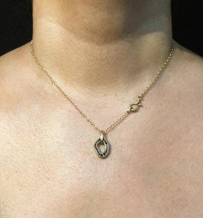 Open Pebble Pave Diamond Pendant Necklace in 18k gold on neck