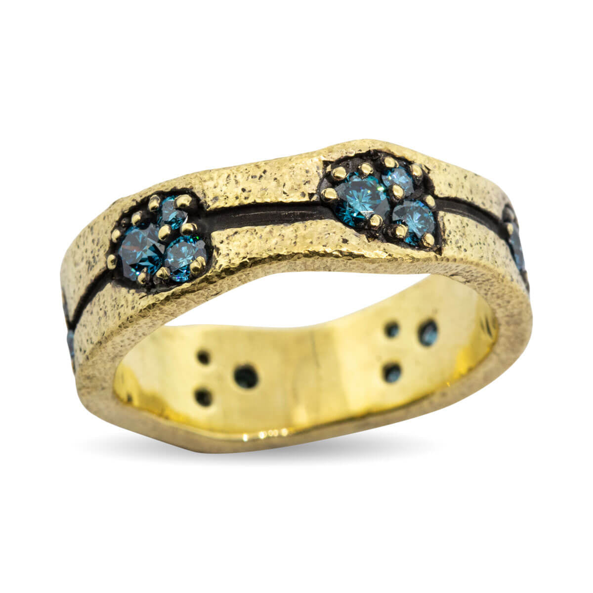 Custom Wavy Edges Dew Pond Ring with blue diamonds Rona Fisher Jewelry