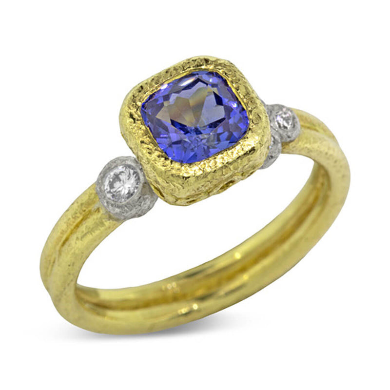 Delicate Double Band Ring with cushion cut blue sapphire