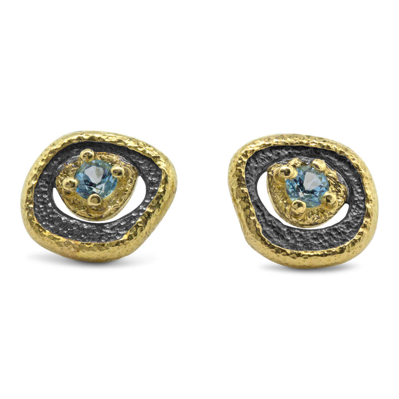 Blue Topaz Pebble Stud Earrings with Gold Frame