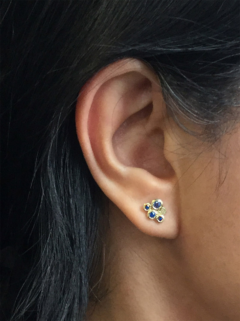 Sapphire Cluster Stud Earrings on ear
