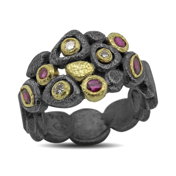 Custom Cascading Pebbles Ring with diamonds and rubies