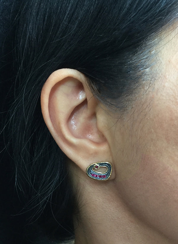 Custom Ruby Pebble Stud Earrings on ear
