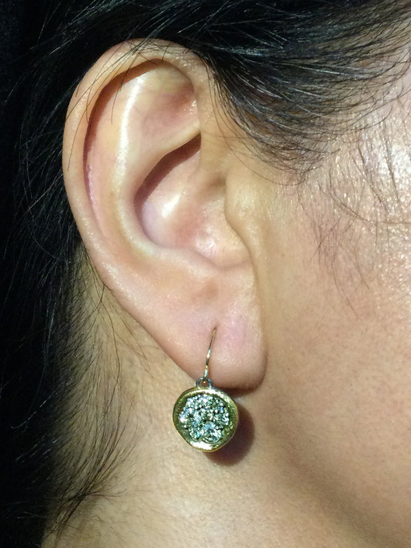 Irregular Round Dew Pond Diamond Dangle Earrings on ear