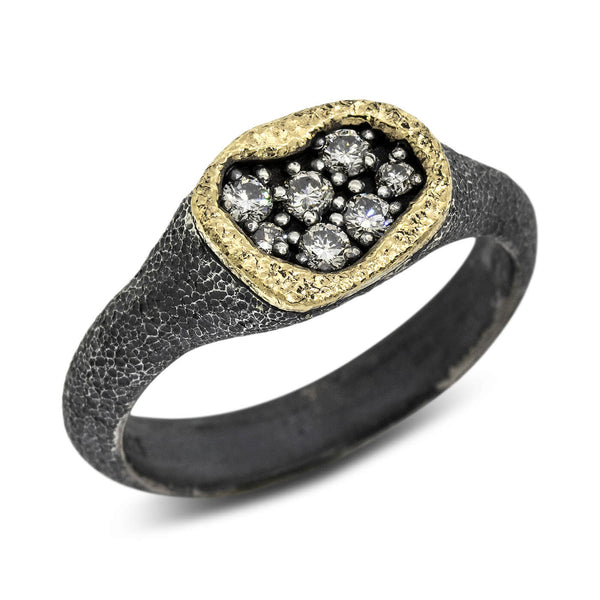 Dew Pond Signet Ring with diamonds in gold and silver