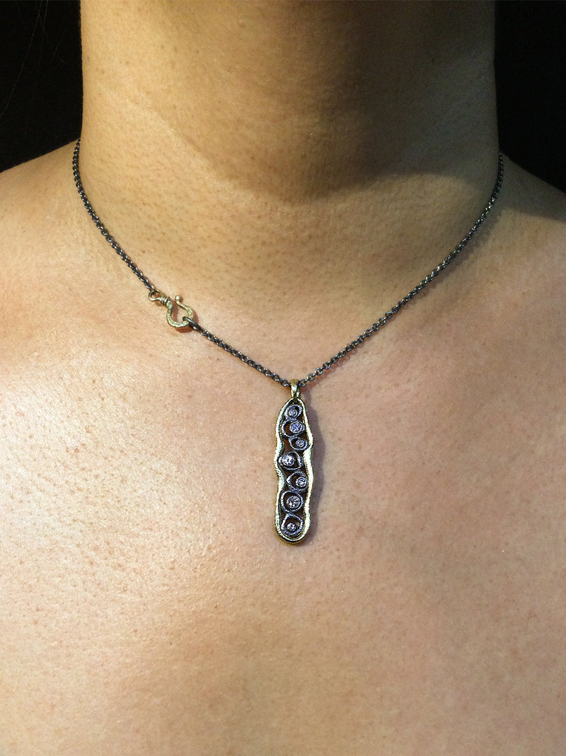 Narrow Dew Pond Diamond Pendant Necklace on neck