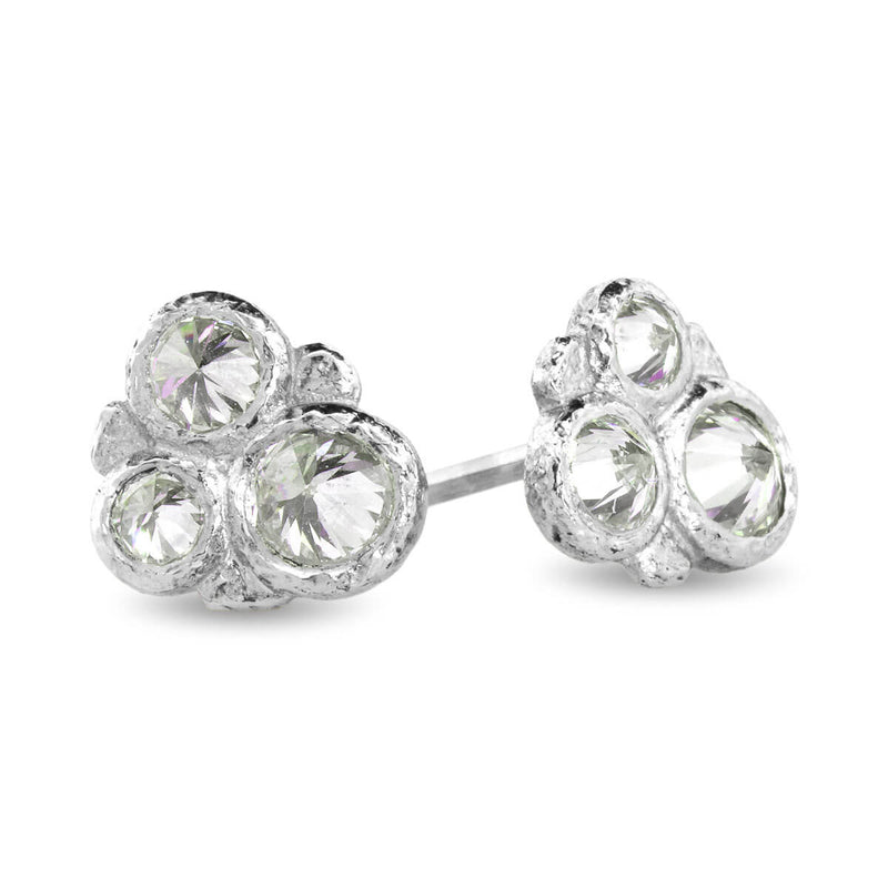 hree Stone Cluster stud earrings with inverted  lab grown diamonds and pebbles in 14k white gold