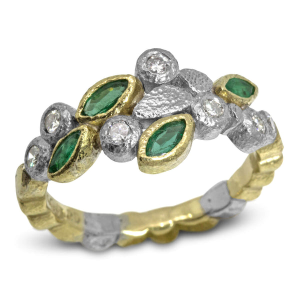 Custom Dancing Diamonds Ring with marquise emeralds 
