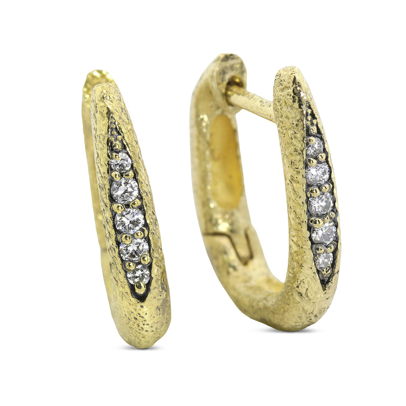 Elongated Ancient Hinged Hoop Diamond Earrings in 18k yellow gold