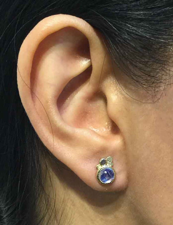 Moonstone Pebble Stud Earrings on ear