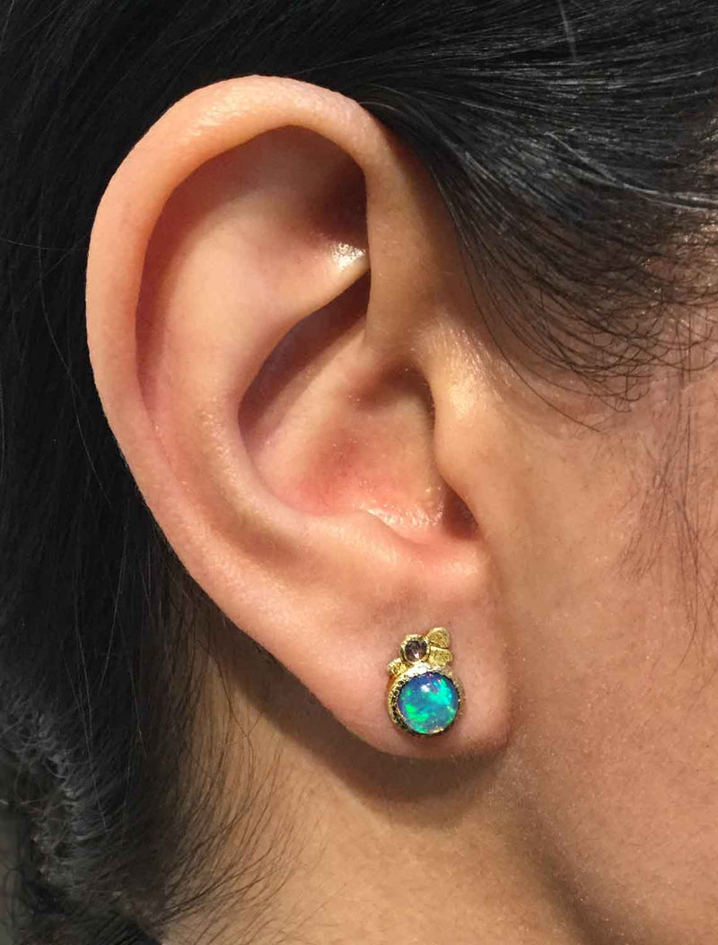 Opal Pebble Stud Earrings on ear