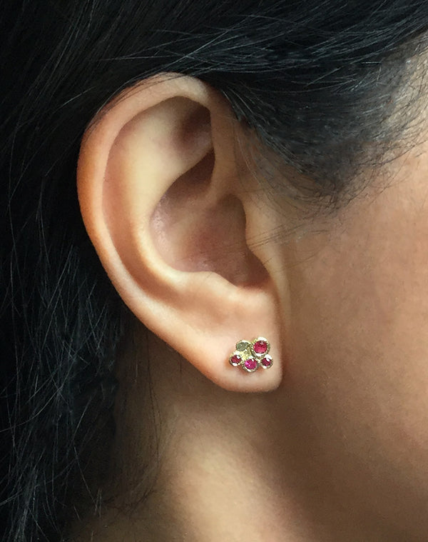 Ruby Cluster Stud Earrings on ear
