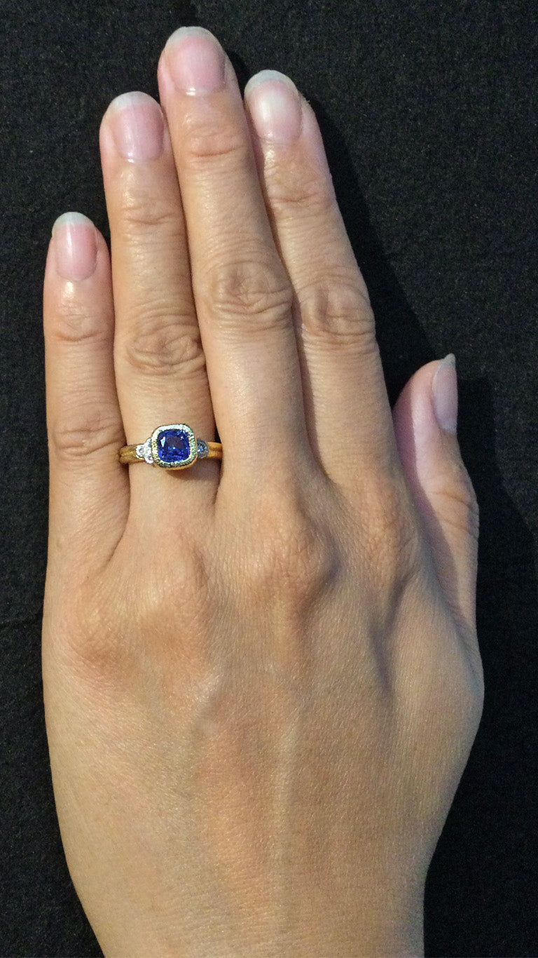 Delicate Double Band Ring with cushion cut blue sapphire
