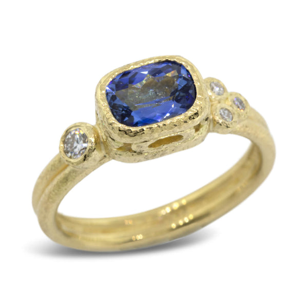 Delicate Double Band Cushion Cut Sapphire Ring with diamonds