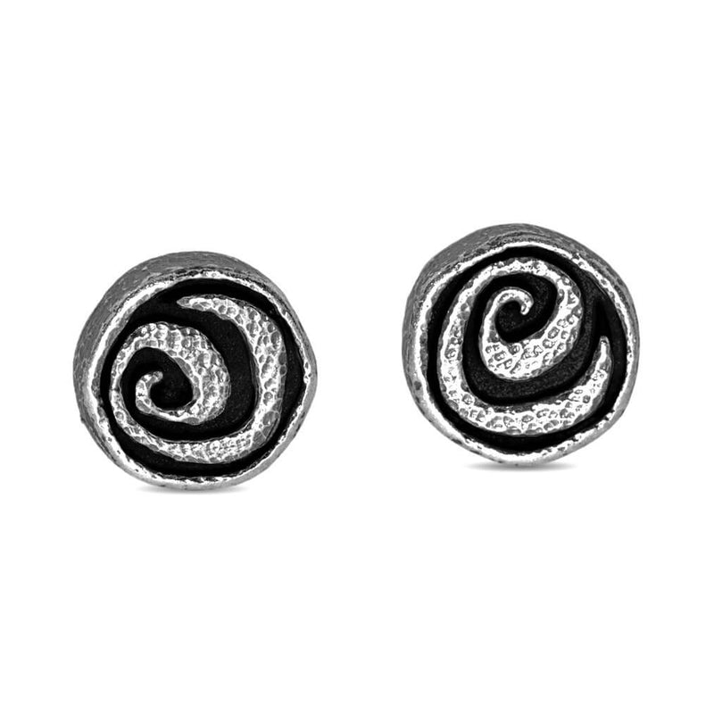 Oxidized sterling silver stud earrings with spiral design.
