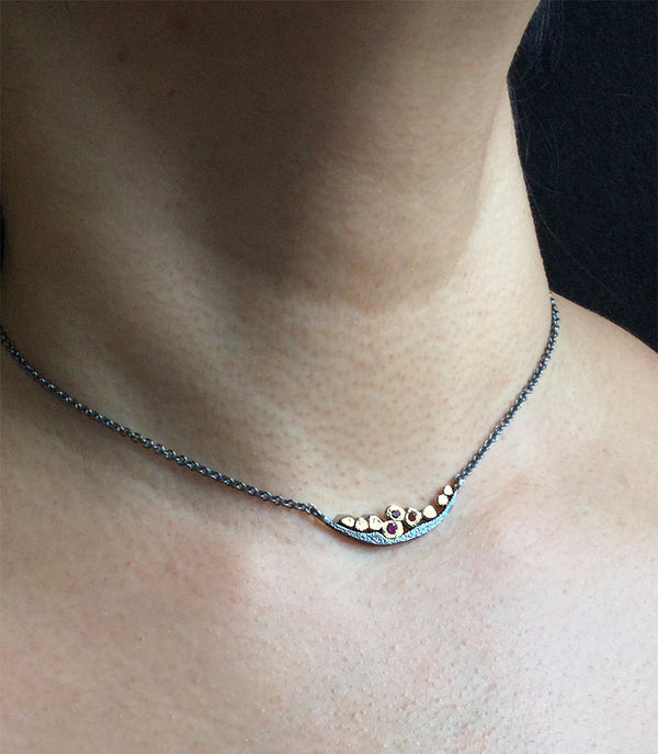 Wavy Ruby Necklace worn on neck